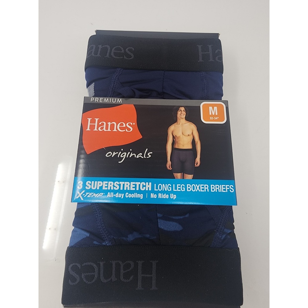 Hanes Mens Originals Superstretch Long Leg Boxer Briefs Blue Polyester Size M
